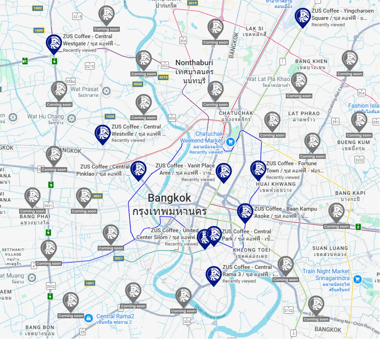 Map of ZUS Coffee Thailand Outlets